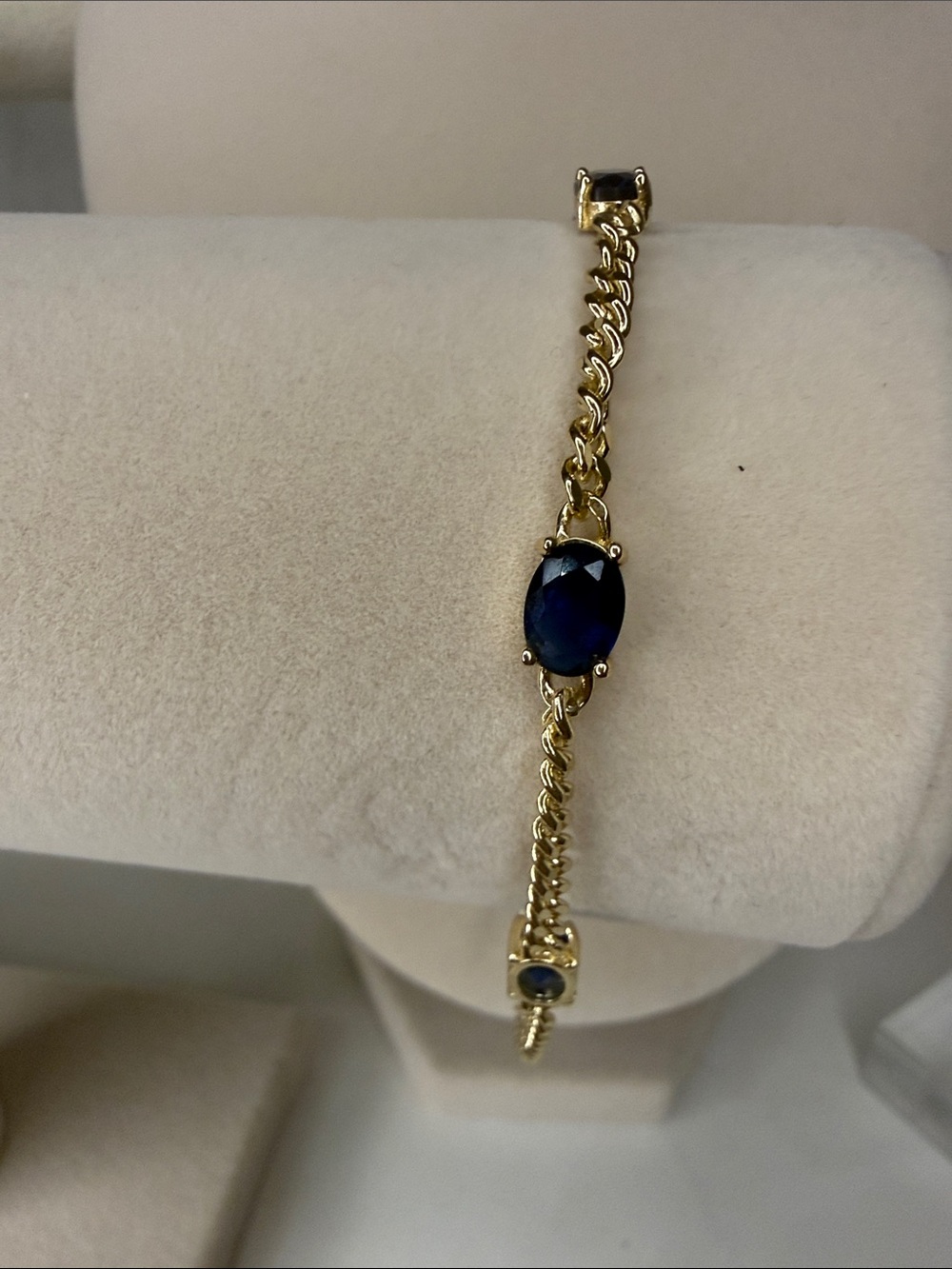 Triple Gold Plated Chain Bracelet/Anklet with Deep Blue Oval Gems